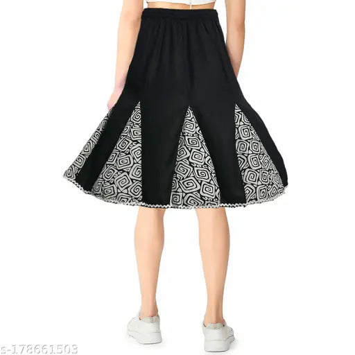 Designer rayon printed black skirt for women, trendy and comfortable wardrobe addition, size 24-32, made in India