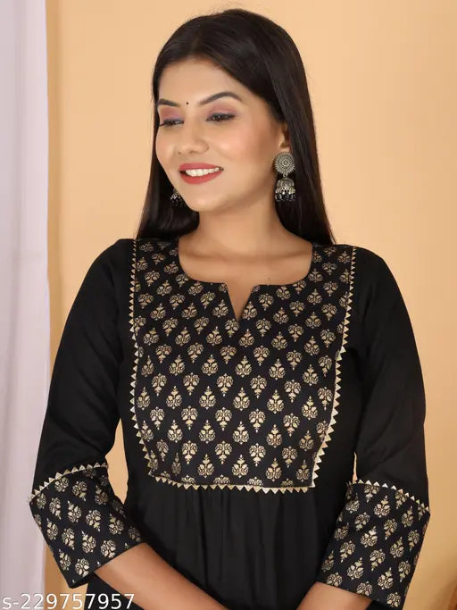 Black viscose rayon ethnic dress, three-quarter sleeves, printed pattern on plus size S9XL