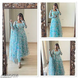 Fancy aqua blue georgette gown with dupatta, faux georgette, printed design, full sleeve, cotton lining, Indian origin