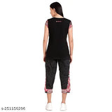 Cotton nightsuit set, women's printed t-shirt & capris pyjama in off white & navy, Indian origin