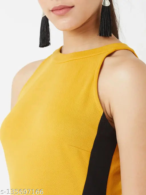 Multicolor polyester halter neck jumpsuit by Miss Chase, mustard & black with zip closure & side slit detailing