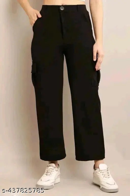 Solid lycra cargo pants for women, size 26-32. Women's casual wear with matching jewelry set on display