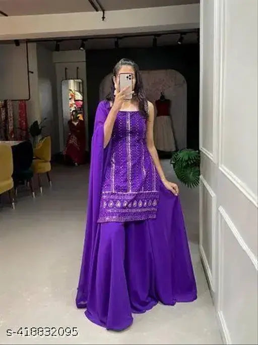 Purple georgette kurta set with dupatta and palazzo, trendy ethnic wear for parties or festivals