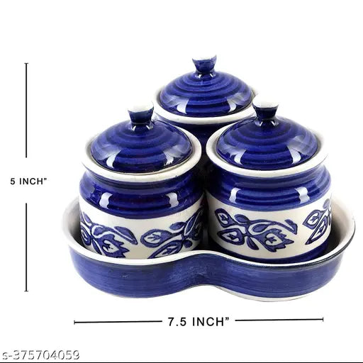 Ceramic pickle jars set (3 pieces) - traditional Indian style, multi-color (Blue), microwave & dishwasher safe