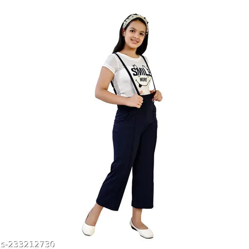 Girls' navy blue cotton blend dungaree dress, 13-14 & 15-16 years, trendy two-piece set with white printed t-shirt