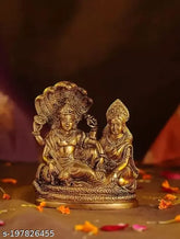 Golden metal idol of Laxmi Narayan on Sheshnag, Indian brass antique finish for home or office (L9.5cm x B5cm x H10cm)