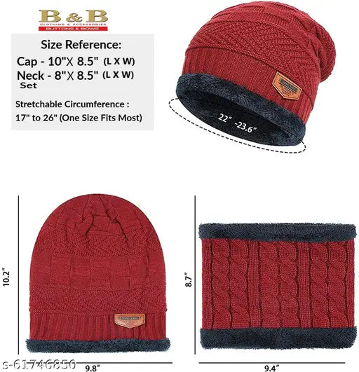 Red knitted unisex beanie cap with fleece neck warmer, self-designed pattern, ultra-soft wool material