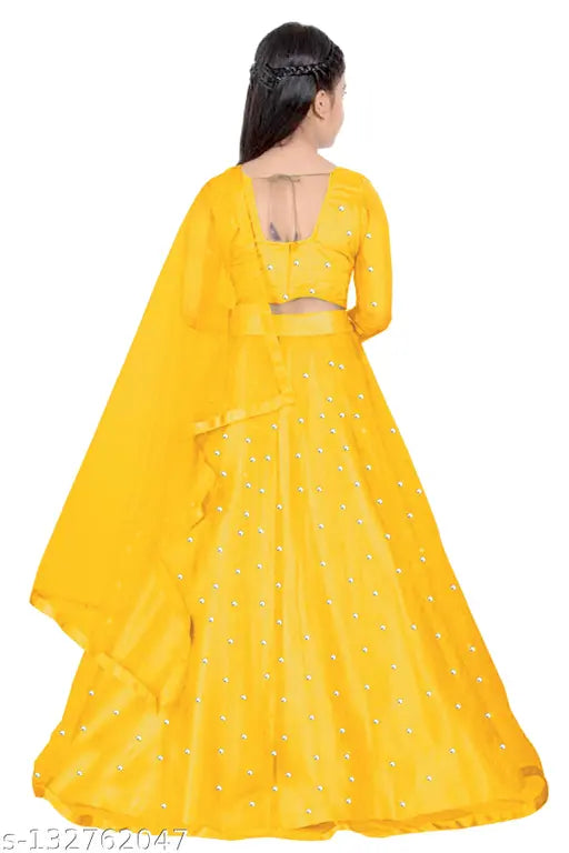 Yellow net lehanga choli with embroidered dupatta for kids aged 7-14 years, Indian traditional clothing with printed patterns on lehenga and solid dupatta