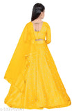Yellow net lehanga choli with embroidered dupatta for kids aged 7-14 years, Indian traditional clothing with printed patterns on lehenga and solid dupatta