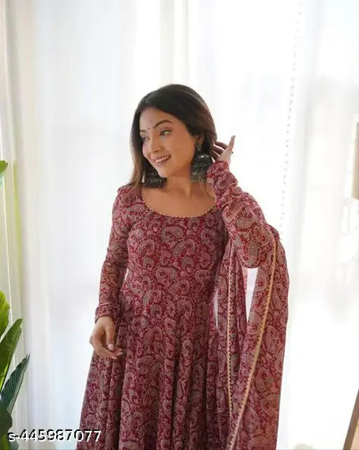 Best quality Georgette gown with dupatta set, printed long-sleeved gown for girls, Indian craftsmanship