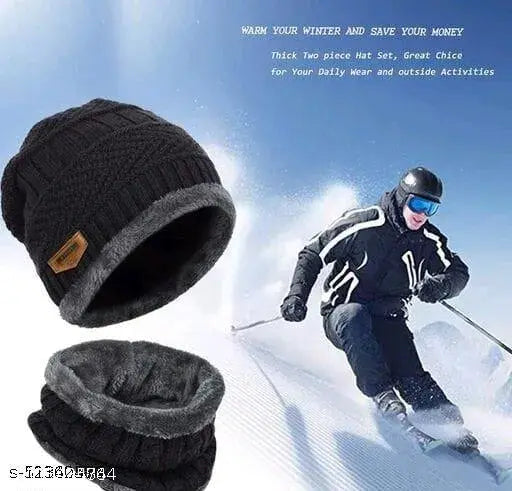 Woolen snow proof cap (men & women) with fur inside, neck warmer - ideal for winter outdoor activities, free size
