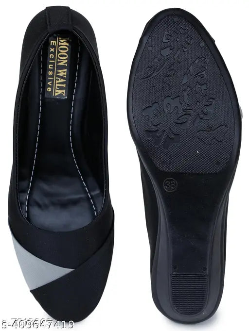 Black synthetic ballerinas for women's everyday wear, closed back design, branded Indian footwear
