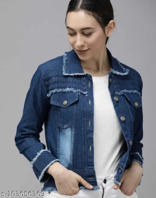Dark denim jacket for girls, solid 3-quarter sleeves, Decent Fashion brand from India