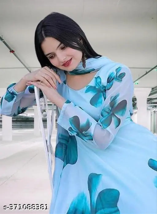 Sky Blue Georgette print Gown for Women, long sleeves, printed net, high-quality fabric, suitable for weddings or parties