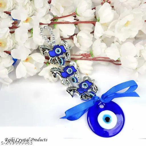 Blue Silver Aluminium Glass Evil Eye Feng Shui Decor, pack of 2 for good luck and prosperity office hanging or car decor, 16.5 cm length