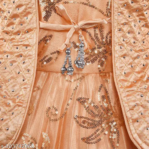 Beige net frock dress, silver kraft embellished design, kid's partywear from India