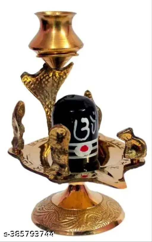 Black marble stone Shiva lingam idol with brass stand, multi-colored, for home puja or temple use (L-7cm, B-7cm, H-11cm)