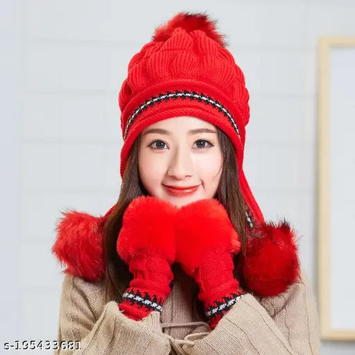 White arcylic winter combo cap & gloves set, soft warm beanie cap with fur lining & snow-proof gloves for women & girls