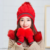 White arcylic winter combo cap & gloves set, soft warm beanie cap with fur lining & snow-proof gloves for women & girls