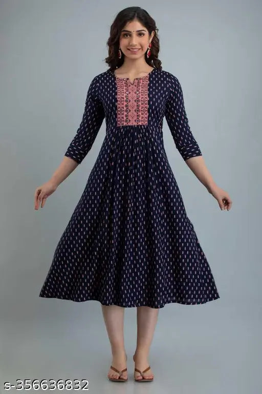 Rayon Fastival kurti with embroidery, three-quarter sleeves, printed combo for Diwali festival sale