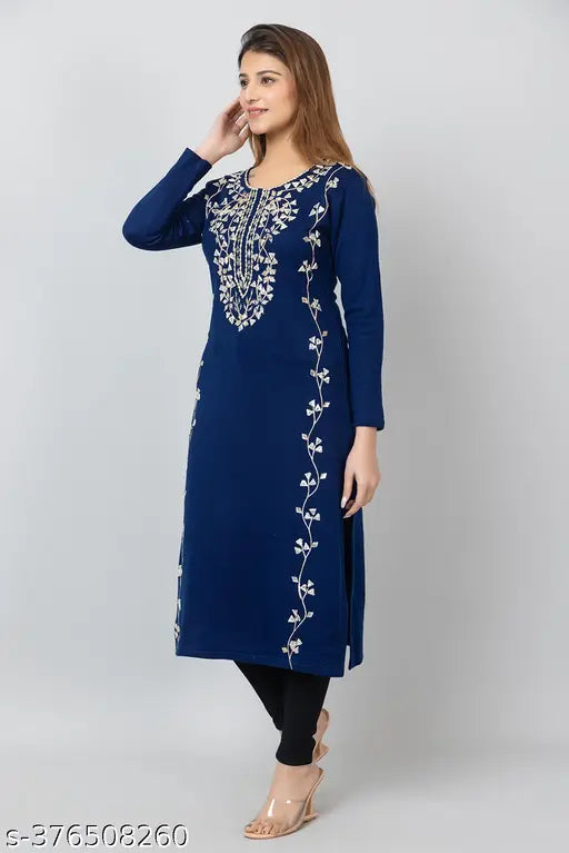 Hifzaa woolen embroidered winter kurta for women, warm three-quarter sleeves, hand-embroidered in India