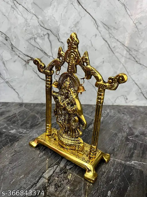 Gold plated Radha Krishna idol statue decorative showpiece, intricately crafted Indian handicraft for home and temple decor