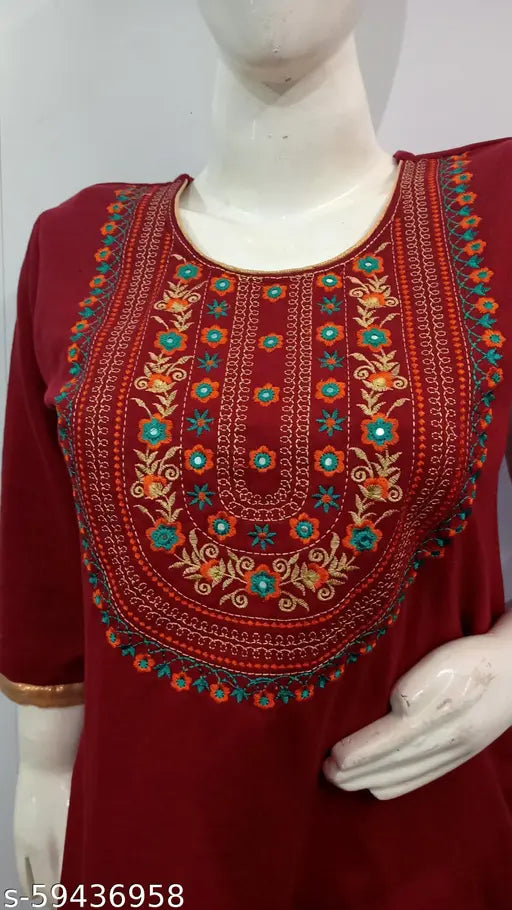 Maroon embroidered wool A-line kurti with three-quarter sleeves, perfect for trendy day or evening wear, made in India