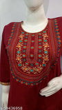 Maroon embroidered wool A-line kurti with three-quarter sleeves, perfect for trendy day or evening wear, made in India