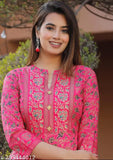Party wear rayon kurti with three-quarter sleeves and printed combo, women's fashion for special occasions. (M: 38in bust x 52in length; L: 40in bust x 52in length; XL: 42in bust x 52in length; XXL: 44in bust x 52in length) India-made fashion