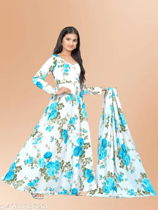 Crinkled georgette party gown for girls, flared print design with lace details and long sleeves