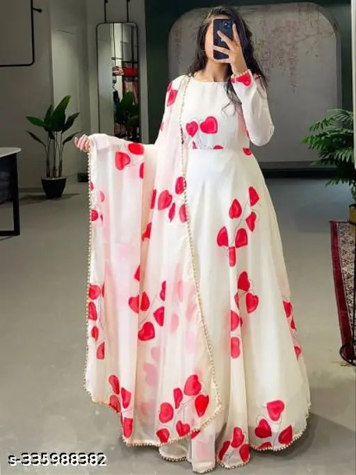 Stylish printed Georgette gown set with dupatta, featuring heart design and pearl diamond border, for women's sizes S-XXL