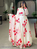 Stylish printed Georgette gown set with dupatta, featuring heart design and pearl diamond border, for women's sizes S-XXL