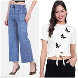 Blue denim jeans combo: high waist, regular fit, ankle length, printed t-shirt, clean blue denim, Indian origin