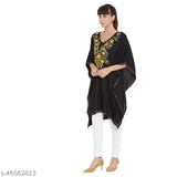 Black rayon embroidered kaftan top, short sleeves, Indian craftsmanship