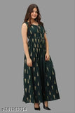 Green Rayon Anarkali Kurta with Bottle Print and Tilak Design, sleeveless, M-XXXL sizes available