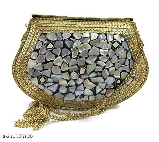 Vintage handmade silver nacre stone mosaic shell clutch, embellished net pattern, Indian antique party bag for women