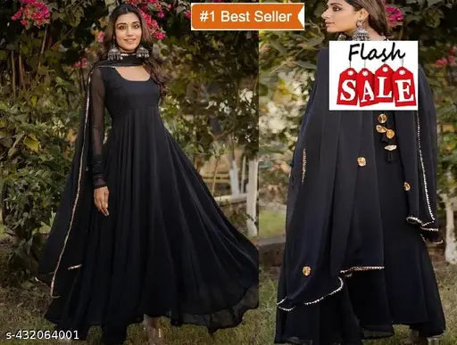 Multi-color anarkali kurta set for women, gotta patti style Design, black Bollywood dress with dupatta, geometric Georgette fabric
