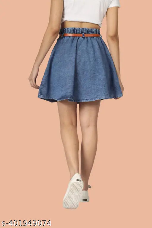 Dark blue denim mini skirt with belt for women & girls, stylish denim short skirt with two side pockets