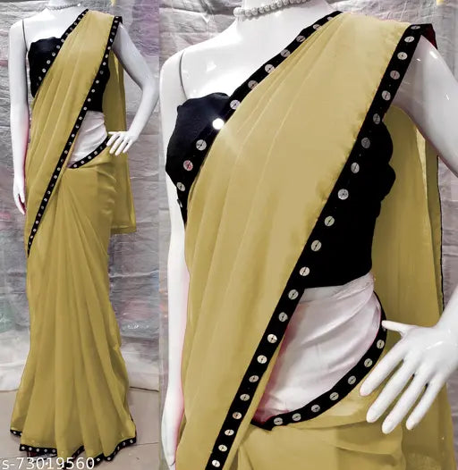 Beige Georgette saree with dupion silk blouse piece, free size, solid pattern, Indian traditional attire