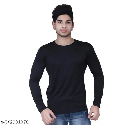 Black nylon long-sleeve solid men's T-shirt, great for summer wear