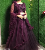 Attractive jute silk and net women's lehenga set, embroidered top in wine color with long gher design, free size, Indian origin