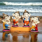 Handcrafted polyresin Laxmi marble & granite Flute Ganesh sculptures, pack of 4 for home or office decor, 6cm x 15cm x 6cm