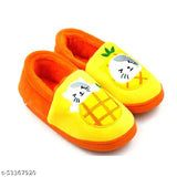 Orange and yellow velvet plush animal shoes for kids first walkers, printed net design on slip-on style, safe and soft material for little feet comfort