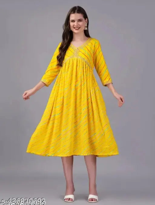 Yellow rayon lahariya003 three-quarter sleeve, dyed/washed combo, Indian traditional ethnic wear for women