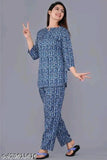Rayon printed nightsuit, three-quarter sleeves, size range S-XXXL. Woman's comfortable sleepwear from India