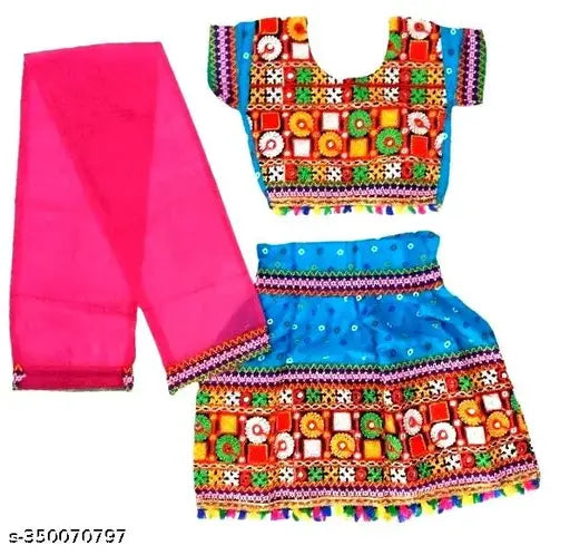 Radha-inspired Kids' Rajasthani Embroidered Ghagra Choli & Dupatta in Rayon & Cotton. Traditional Navratri attire for dandiya dance