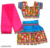Red rayon and cotton Rajasthani embroidered Kids' Chaniya Choli with dupatta, perfect for Navaratri dance