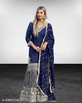 Blue Georgette Embroidered Kurta Set with Dupatta and Bottomwear (N-BLUE), single piece for XL/XXL sizes. Indian handcrafted traditional attire