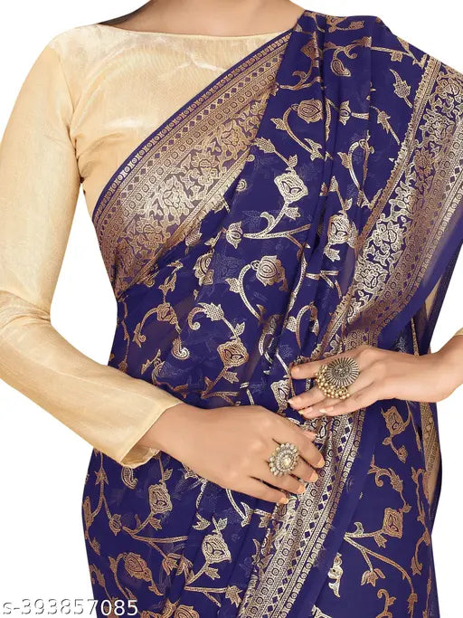 Navy Navy Georgette saree with gold foil print, Pura Gerogette Suhani, Indian printed blouse