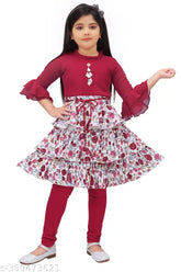 Cotton-blend printed net frock, three-quarter sleeves; ideal for festive occasions for girls aged 2-9 years in India